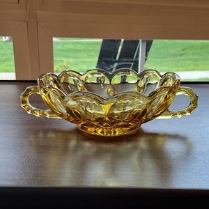 Vintage Anchor Hocking Glass 5.25” Amber Marigold Handled Art Glass Candy Dish